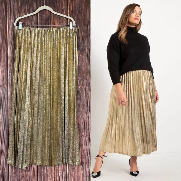 Eloquii Dresses & Skirts - Eloquii Gold Metallic Pleated Skirt Pull On Elastic Stretchy Waist Size 14/16